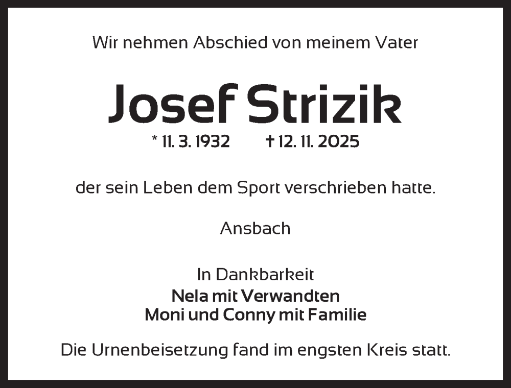  Traueranzeige für Josef Strizik vom 05.12.2025 aus Ansbach