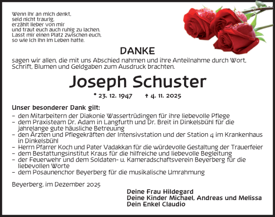 Traueranzeige von Joseph Schuster von Dinkelsbühl/ Feuchtwangen