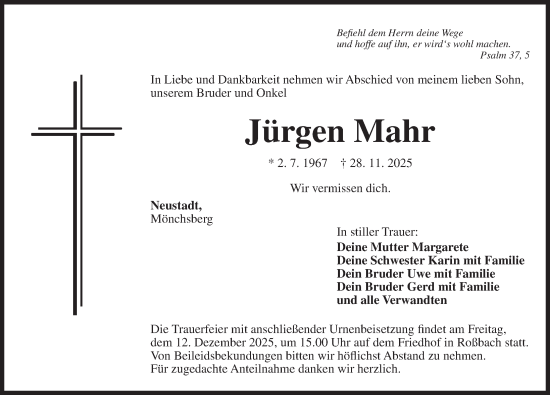 Traueranzeige von Jürgen Mahr von Neustadt/ Scheinfeld/ Uffenheim