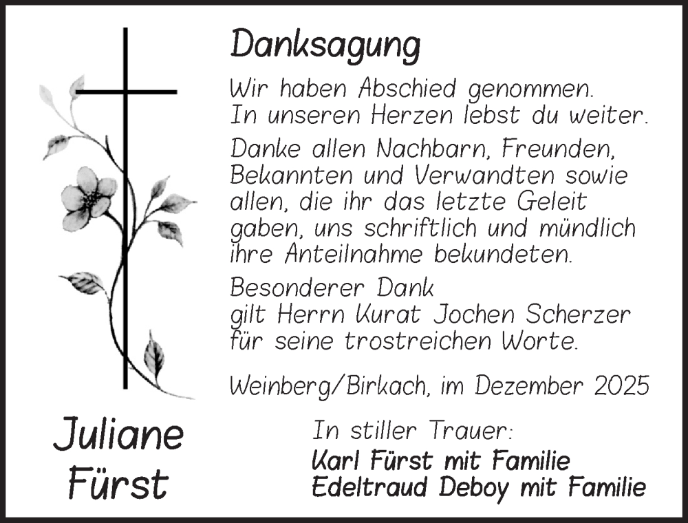  Traueranzeige für Juliane Fürst vom 13.12.2025 aus Dinkelsbühl/ Feuchtwangen