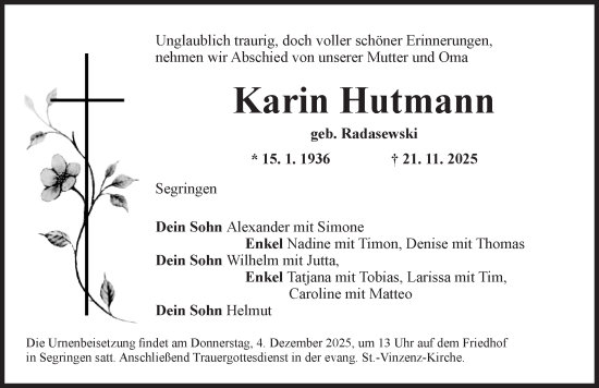 Traueranzeige von Karin Hutmann von Dinkelsbühl/ Feuchtwangen