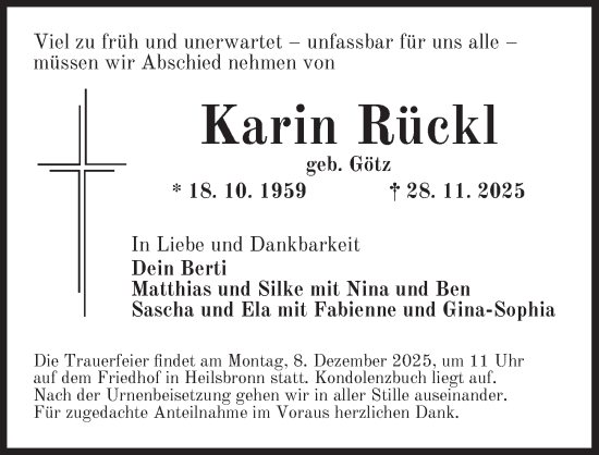 Traueranzeige von Karin Rückl von Ansbach