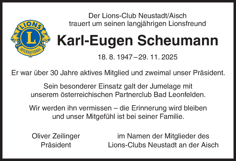  Traueranzeige für Karl-Eugen Scheumann vom 06.12.2025 aus Neustadt/ Scheinfeld/ Uffenheim
