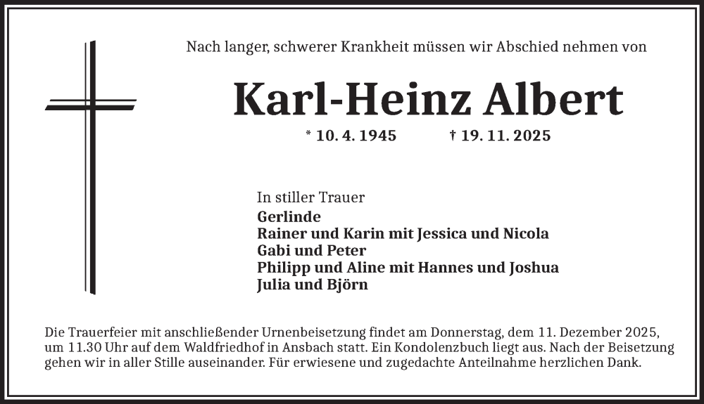 Traueranzeige für Karl-Heinz Albert vom 06.12.2025 aus Ansbach