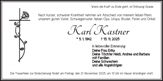 Traueranzeige von Karl Kastner von Ansbach