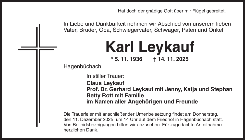  Traueranzeige für Karl Leykauf vom 05.12.2025 aus Neustadt/ Scheinfeld/ Uffenheim