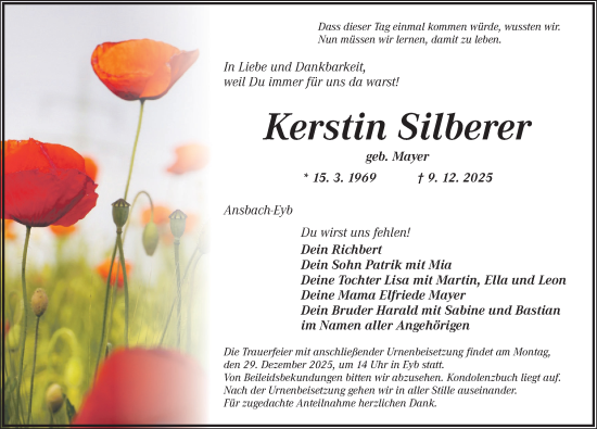Traueranzeige von Kerstin Silberer von Ansbach