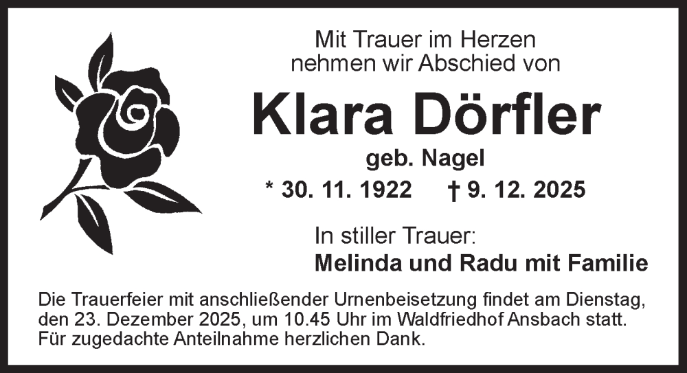  Traueranzeige für Klara Dörfler vom 20.12.2025 aus Ansbach