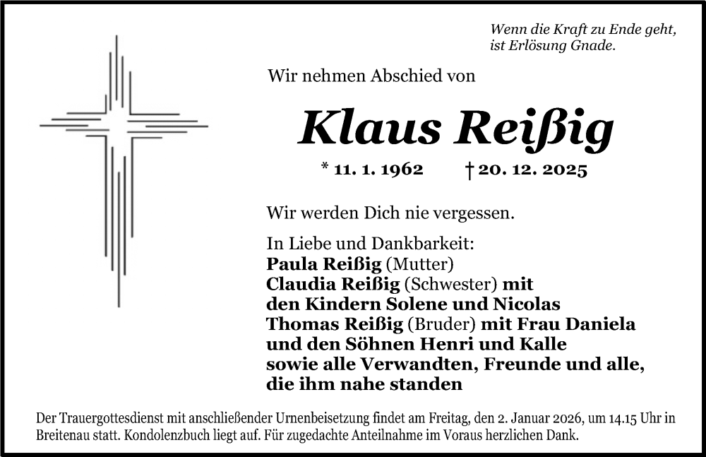  Traueranzeige für Klaus Reißig vom 31.12.2025 aus Dinkelsbühl/ Feuchtwangen