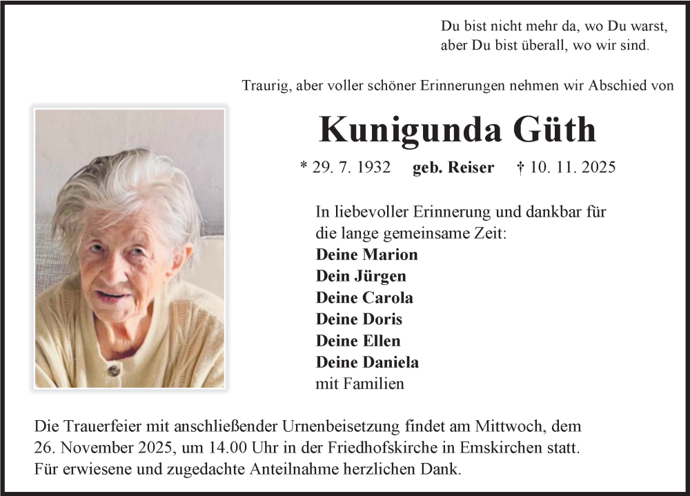  Traueranzeige für Kunigunda Güth vom 19.11.2025 aus Neustadt/ Scheinfeld/ Uffenheim