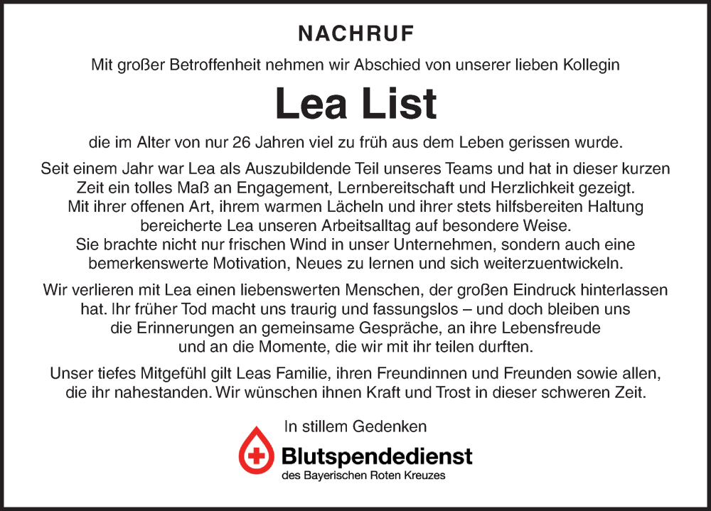  Traueranzeige für Lea List vom 01.12.2025 aus Neustadt/ Scheinfeld/ Uffenheim