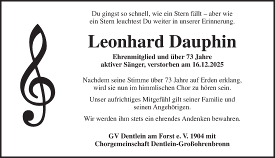 Traueranzeige von Leonhard Dauphin von Dinkelsbühl/ Feuchtwangen