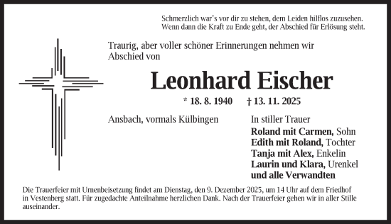 Traueranzeige von Leonhard Eischer von Ansbach