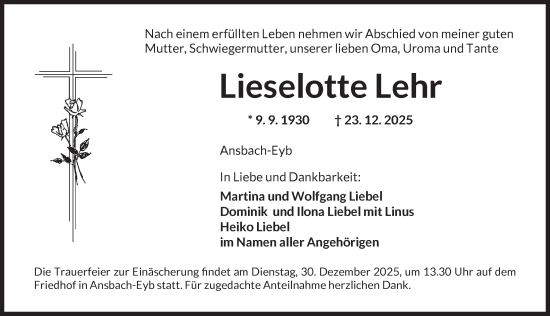 Traueranzeige von Lieselotte Lehr von Ansbach