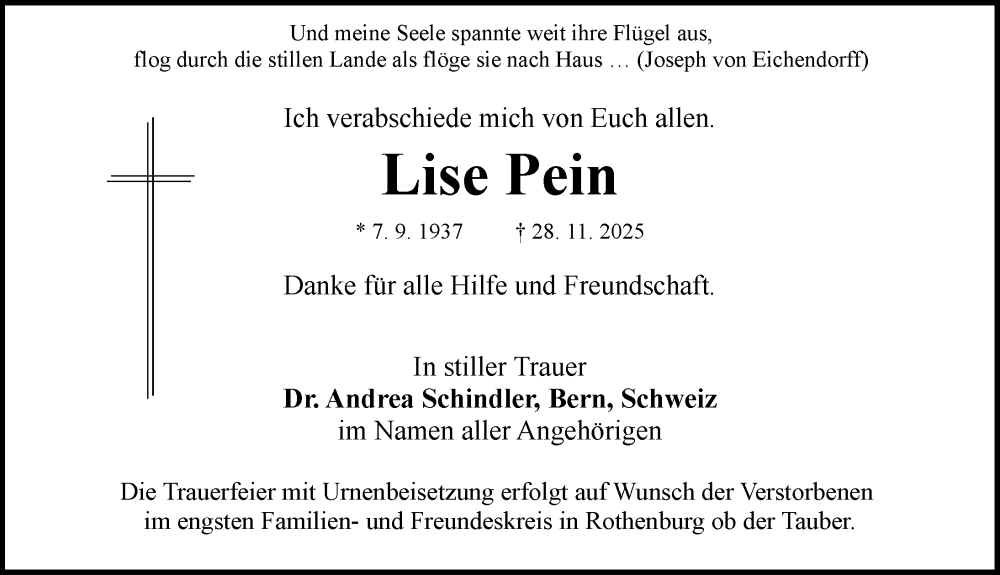  Traueranzeige für Lise Pein vom 06.12.2025 aus Rothenburg