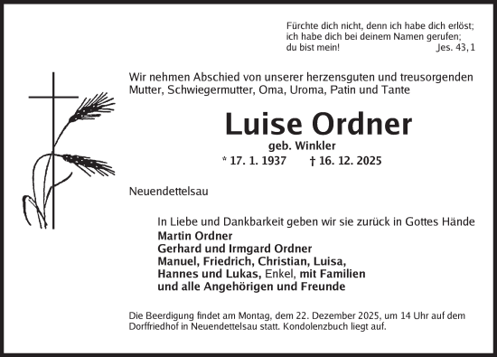 Traueranzeige von Luise Ordner von Ansbach