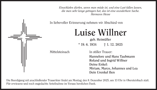 Traueranzeige von Luise Willner von Neustadt/ Scheinfeld/ Uffenheim