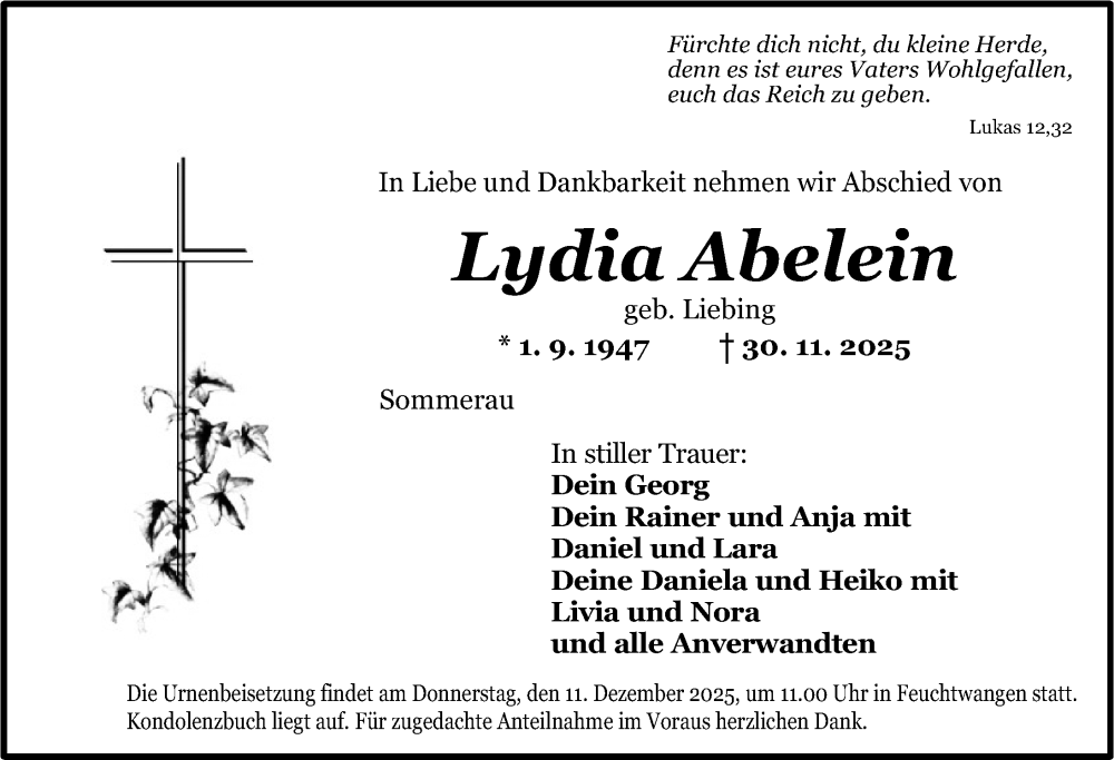  Traueranzeige für Lydia Abelein vom 09.12.2025 aus Dinkelsbühl/ Feuchtwangen
