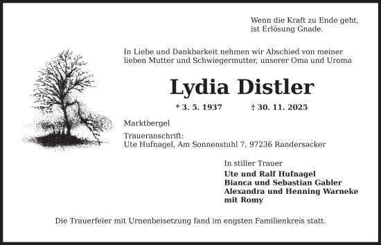 Traueranzeige von Lydia Distler von Neustadt/ Scheinfeld/ Uffenheim