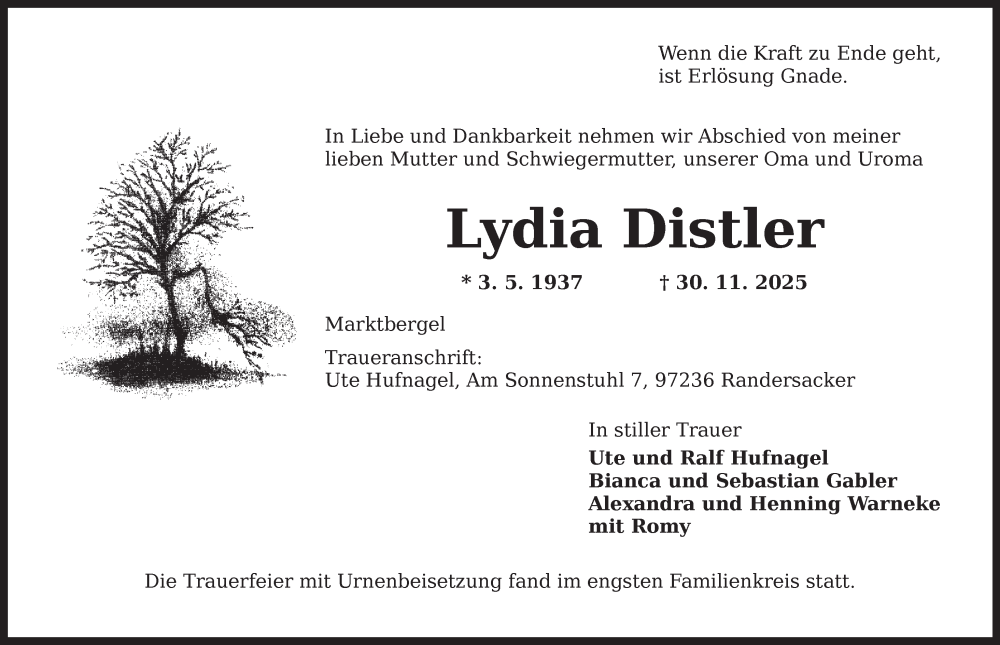  Traueranzeige für Lydia Distler vom 23.12.2025 aus Neustadt/ Scheinfeld/ Uffenheim