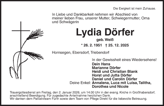 Traueranzeige von Lydia Dörfer von Ansbach