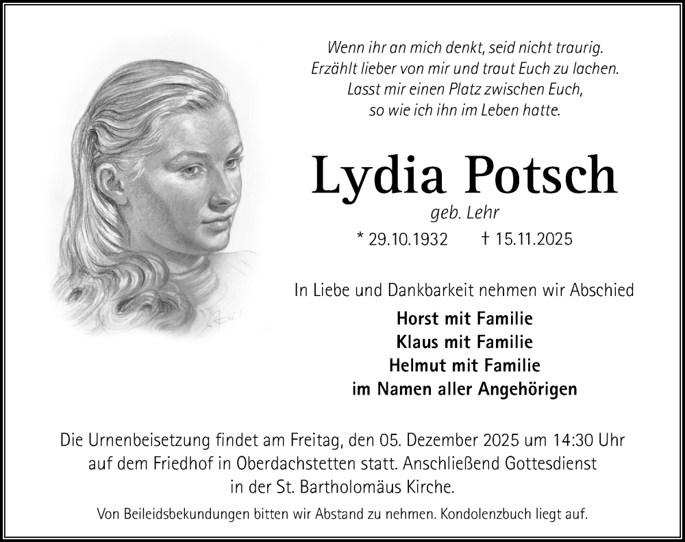  Traueranzeige für Lydia Potsch vom 03.12.2025 aus Ansbach