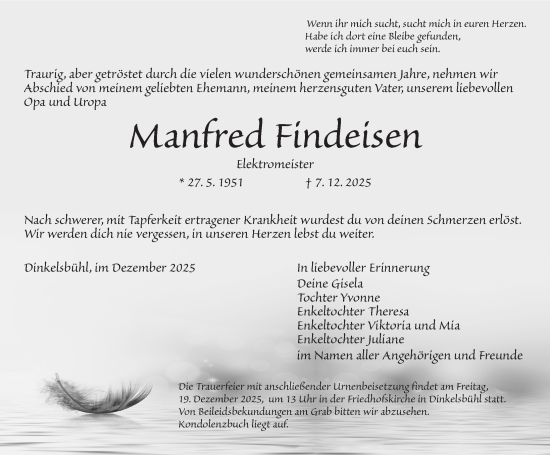Traueranzeige von Manfred Findeisen von Dinkelsbühl/ Feuchtwangen