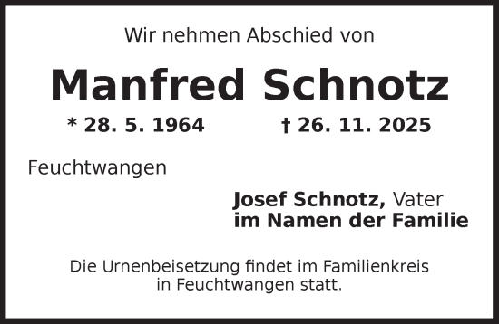 Traueranzeige von Manfred Schnotz von Dinkelsbühl/ Feuchtwangen