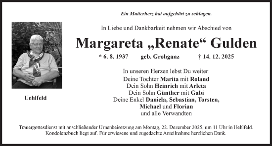 Traueranzeige von Margareta Gulden von Neustadt/ Scheinfeld/ Uffenheim