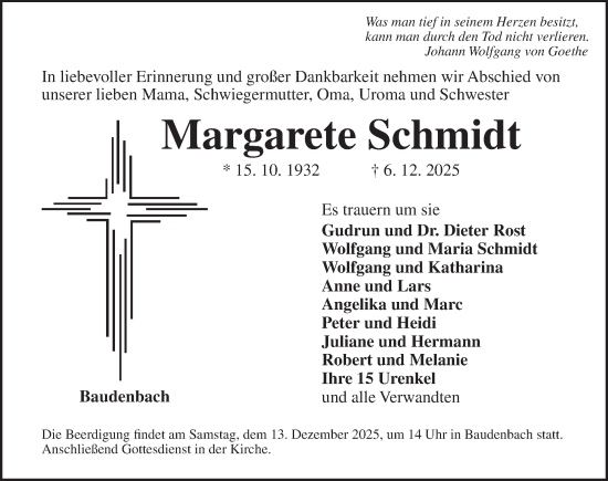 Traueranzeige von Margarete Schmidt von Neustadt/ Scheinfeld/ Uffenheim