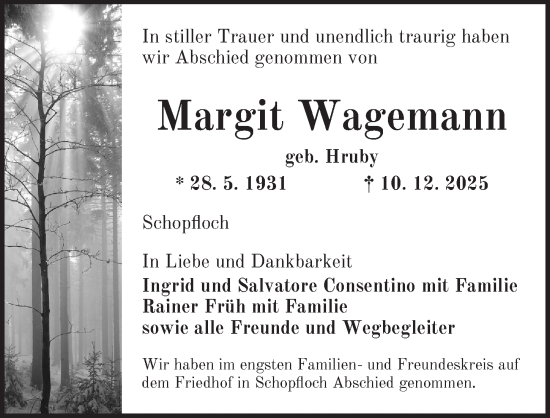 Traueranzeige von Margit Wagemann von Dinkelsbühl/ Feuchtwangen