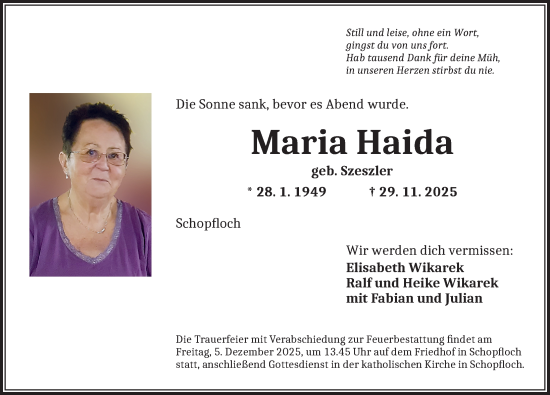 Traueranzeige von Maria Haida von Dinkelsbühl/ Feuchtwangen