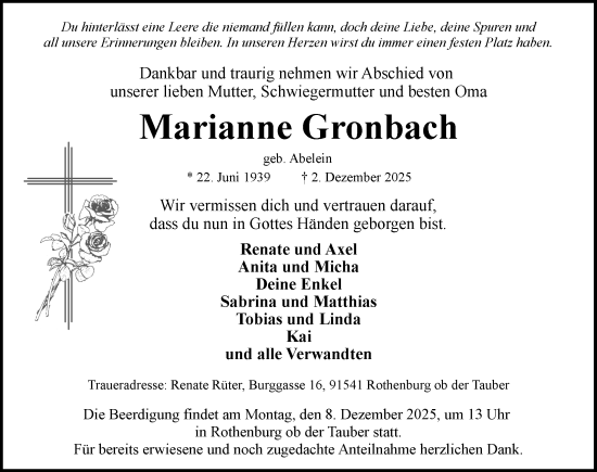 Traueranzeige von Marianne Gronbach von Rothenburg