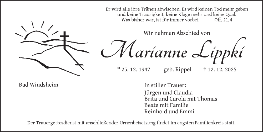  Traueranzeige für Marianne Lippki vom 20.12.2025 aus Neustadt/ Scheinfeld/ Uffenheim