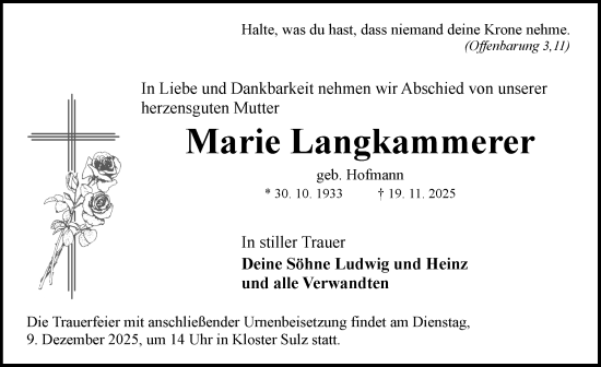 Traueranzeige von Marie Langkammerer von Rothenburg