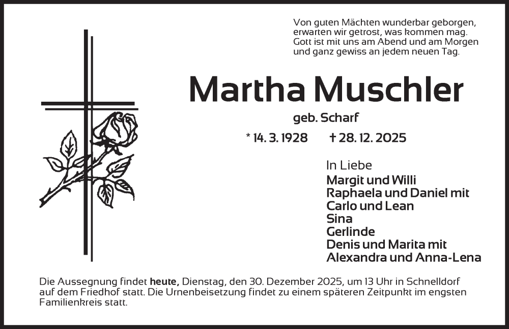  Traueranzeige für Martha Muschler vom 30.12.2025 aus Dinkelsbühl/ Feuchtwangen