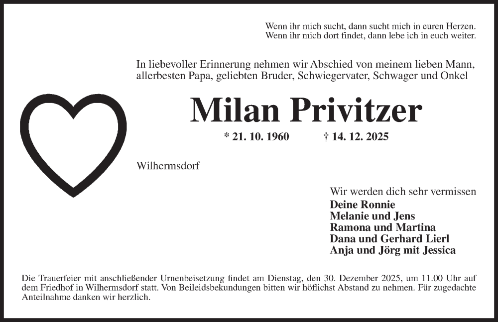  Traueranzeige für Milan Privitzer vom 23.12.2025 aus Neustadt/ Scheinfeld/ Uffenheim
