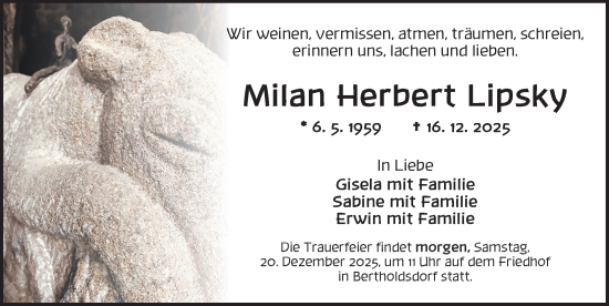 Traueranzeige von Milan Herbert Lipsky von Ansbach