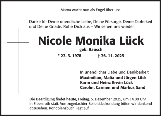 Traueranzeige von Nicole Monika Lück von GE