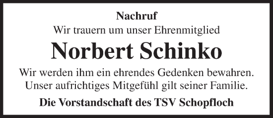 Traueranzeige von Norbert Schinko von Dinkelsbühl/ Feuchtwangen
