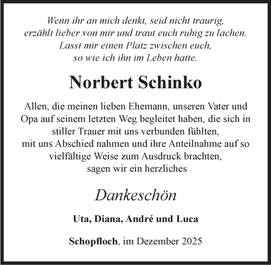 Traueranzeige von Norbert Schinko von Dinkelsbühl/ Feuchtwangen
