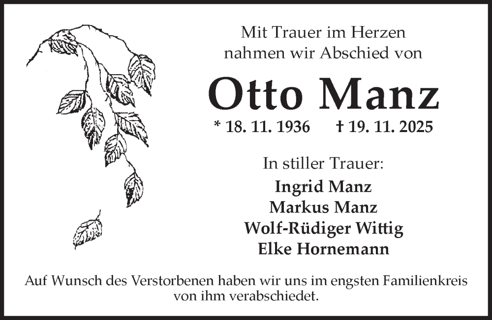  Traueranzeige für Otto Manz vom 03.12.2025 aus Ansbach