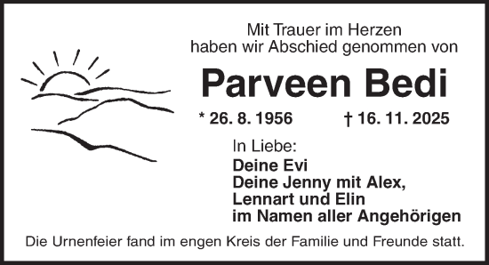Traueranzeige von Parveen Bedi von Ansbach