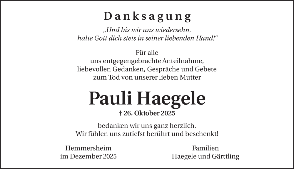  Traueranzeige für Pauli Haegele vom 13.12.2025 aus Neustadt/ Scheinfeld/ Uffenheim