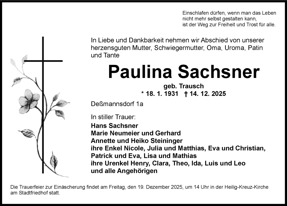  Traueranzeige für Paulina Sachsner vom 16.12.2025 aus Ansbach
