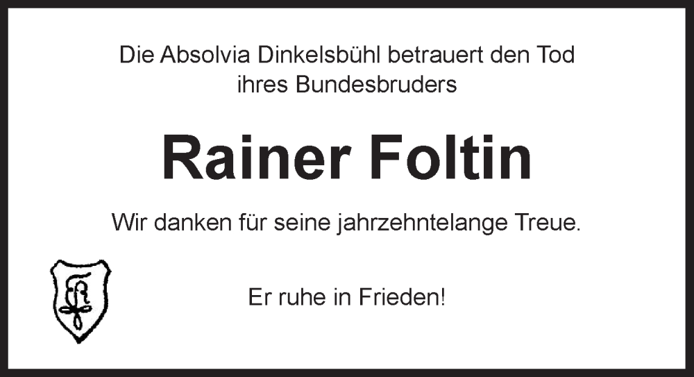  Traueranzeige für Rainer Foltin vom 23.12.2025 aus Dinkelsbühl/ Feuchtwangen