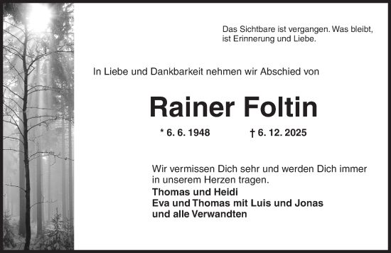 Traueranzeige von Rainer Foltin von Dinkelsbühl/ Feuchtwangen