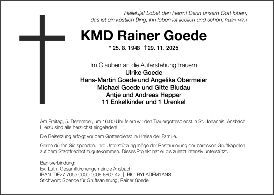 Traueranzeige von Rainer Goede von Ansbach