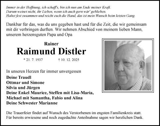 Traueranzeige von Rainer Raimund Distler von Rothenburg