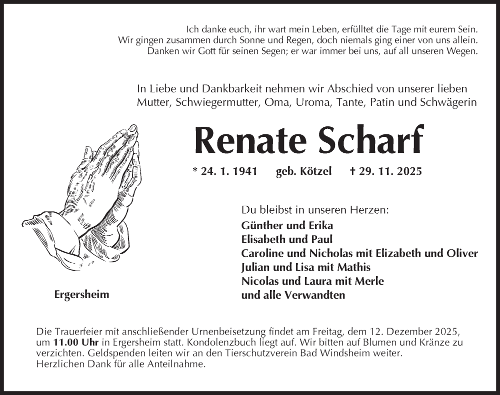  Traueranzeige für Renate Scharf vom 06.12.2025 aus Neustadt/ Scheinfeld/ Uffenheim
